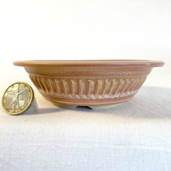 Unique round accent bonsai pot, handcrafted stoneware, round, yellowish pink, turned feet.