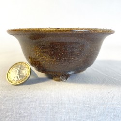 Unique round accent bonsai pot, handcrafted stoneware, round, caramel yellow highlights, handmade feet.