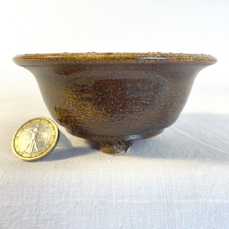 Unique round accent bonsai pot, handcrafted stoneware, round, caramel yellow highlights, handmade feet.