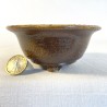 Unique round accent bonsai pot, handcrafted stoneware, round, caramel yellow highlights, handmade feet.