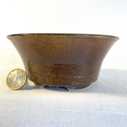 Unique small bonsai round pot, handcrafted stoneware, round, caramel yellow highlights, turned feet.