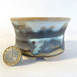 Unique round accent bonsai pot, handcrafted stoneware, round, earth green white drips.