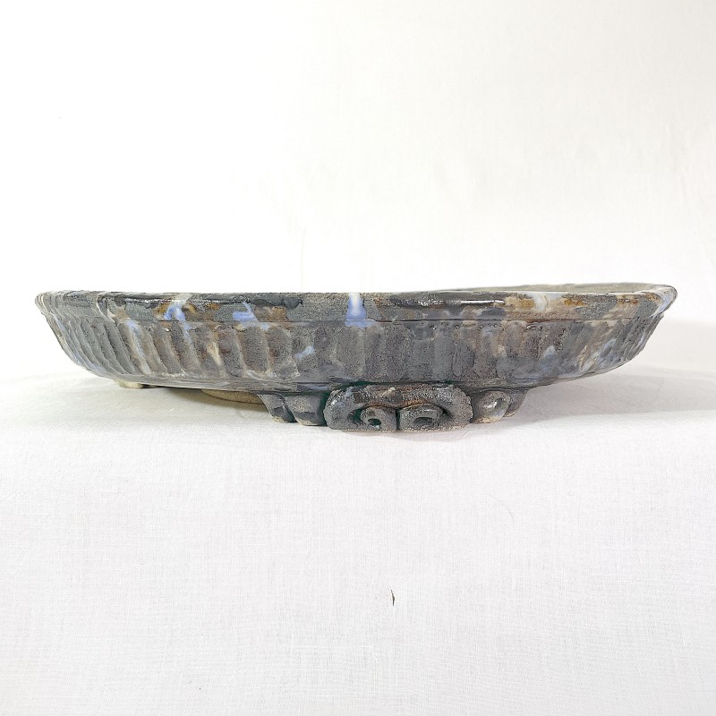Unique bonsai pot, handcrafted stoneware, fluted texture, brown glaze with splashes, serial number 218118.