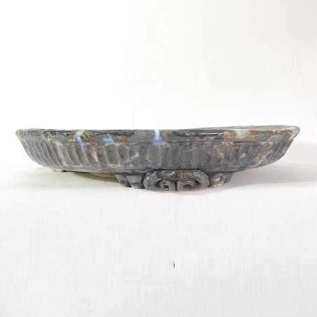 Unique bonsai pot, handcrafted stoneware, fluted texture, brown glaze with splashes, serial number 218118.