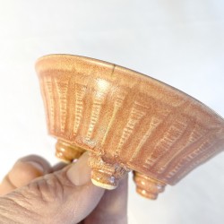 Unique round accent bonsai pot, handcrafted stoneware, round, yellowish pink, handmade feet.