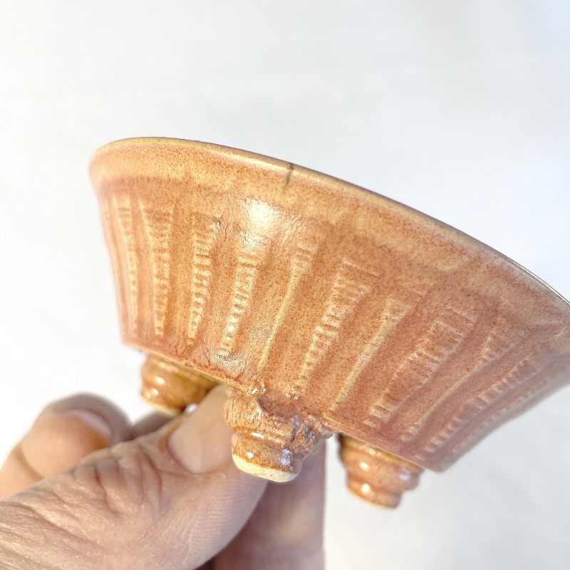 Unique round accent bonsai pot, handcrafted stoneware, round, yellowish pink, handmade feet.