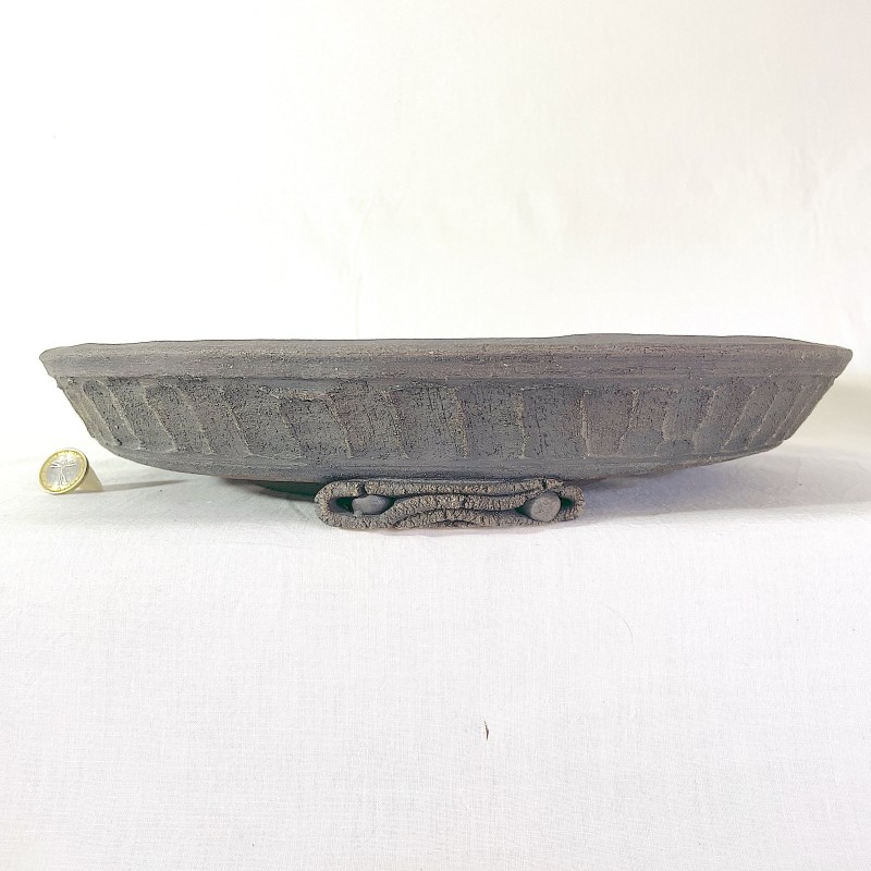 Unique bonsai pot, handcrafted stoneware, faceted texture, brown tinted, serial number 218119.