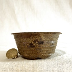 Maceta redonda verde jaspeado para bonsái en gres artesanal 12 cm | Pieza única