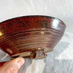 Handmade red tenmoku glazed inverted conical stoneware bonsai pot