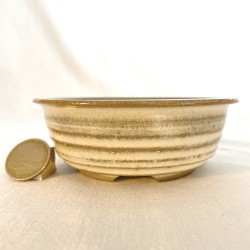 Handmade caramel glazed inverted conical bonsai pot with horizontal carved texture