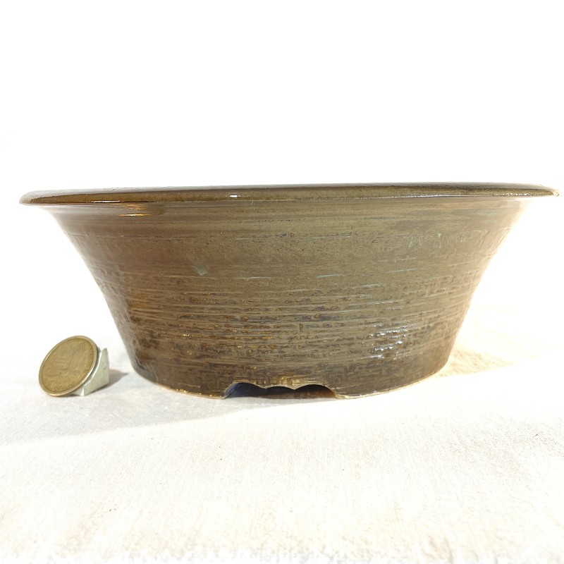 Handmade glossy brown green inverted conical stoneware bonsai pot