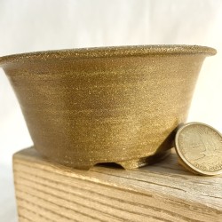 Handmade round accent bonsai pot 12 cm brown green stoneware | Unique