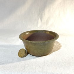 Handmade round accent bonsai pot 12 cm brown green stoneware | Unique