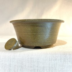 Handmade round accent bonsai pot 12 cm brown green stoneware | Unique
