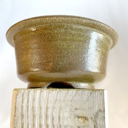 Hand-turned green stoneware bonsai accent pot, round style with rim, serial 218317 by Galoartworks.