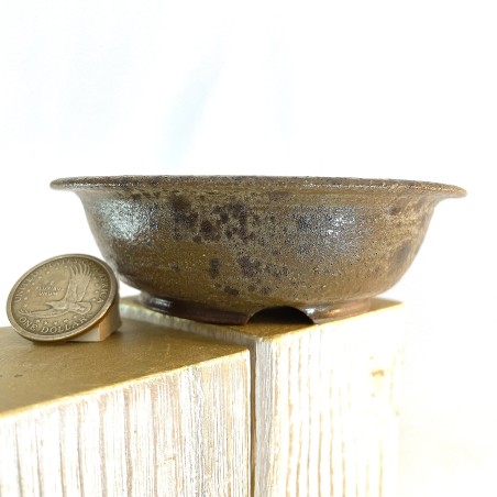 Maceta de acento para bonsai en gres rustico color verde oscuro y negro inspirada en las peñas de Gredos pieza unica 218309.