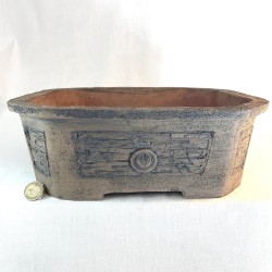 Handmade unglazed stoneware bonsai pot, rectangular shape with cut corners