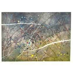 Abstract action painting with dynamic strokes in acrylic and grease pencil by Ismael García Burillo.