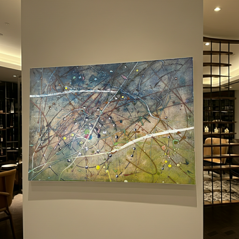 Cuadro de arte abstracto y action painting con trazos dinámicos en acrílico y lápiz graso de Ismael García Burillo.