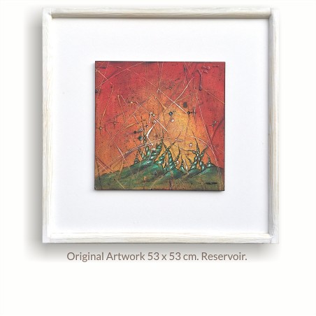 "Reservoir" original painting by Ismael García Burillo, acrylic on treated MDF board with white frame.