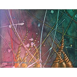 Abstract acrylic painting Mass Transfer in the Higgs Boson by Ismael García Burillo, Connectors series.