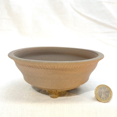 Handcrafted unglazed round abacus style artisan bonsai pot in raw cream stoneware by Ismael Garcia Burillo SKU 301109