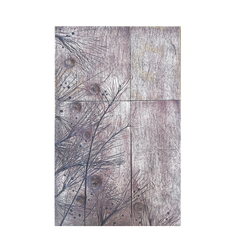 Ceramic stoneware mural with botanical pine needle reliefs A Moment Between Winds by Ismael Garcia Burillo