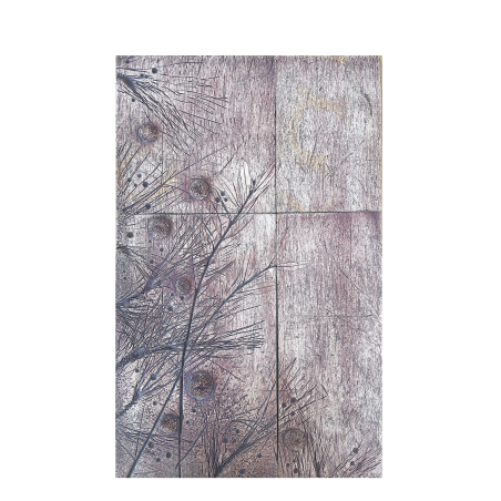 Ceramic stoneware mural with botanical pine needle reliefs A Moment Between Winds by Ismael Garcia Burillo