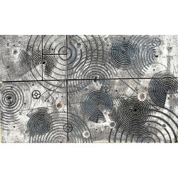 Mural modular de gres cerámico con ondas concéntricas y letras incisas Umbral del Vacío de Ismael García Burillo