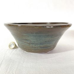 Unique bonsai pot, handcrafted stoneware, emerald green and brown glaze, re-turned feet.