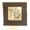 Ceramic relief featuring three abstract striated vertical columns on a dark wood panel by Ismael Garcia Burillo