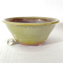 Unique bonsai pot, handcrafted stoneware, olive green glaze, re-turned feet.