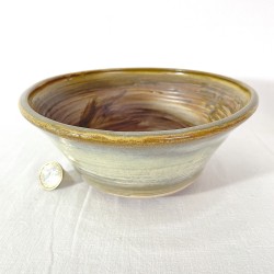 Unique bonsai pot, handcrafted stoneware, earthy green glaze, reddish carving, re-turned feet.