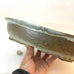 Unique oval bonsai pot, handcrafted stoneware, oval, olive green-brown, handmade feet.