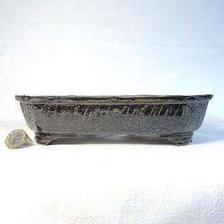 Unique rectangular bonsai pot, handcrafted stoneware, rectangular, black with ochre green highlights, handmade feet.