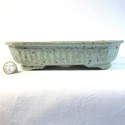 Unique rectangular bonsai pot, handcrafted stoneware, rectangular, marine water green with brown spots, handmade feet.