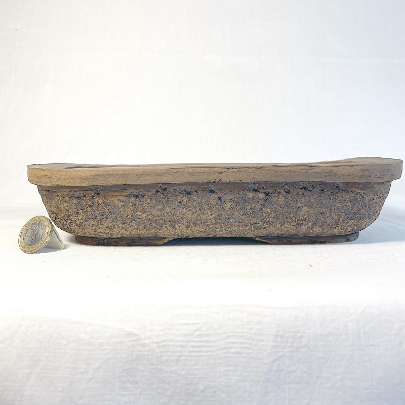 Maceta rectangular bonsái única, gres artesanal, rectangular, natural mate, patas artesanales.