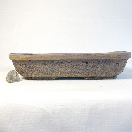 Maceta rectangular bonsái única, gres artesanal, rectangular, natural mate, patas artesanales.