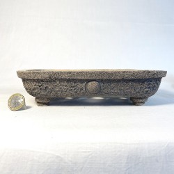 Unique rectangular bonsai pot, handcrafted stoneware, rectangular, natural stony texture, handmade feet.