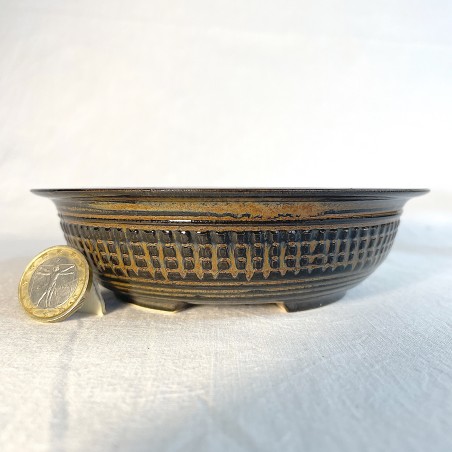 Maceta de bonsái única, gres artesanal, textura cuadriculada, pasta de gres, patas re-torneadas.