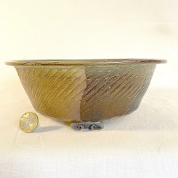 Unique bonsai pot, handcrafted stoneware, inclined lines texture, stoneware clay, handmade feet.