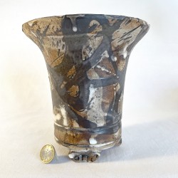 Unique round cascade bonsai pot, handcrafted stoneware, round, brown drip, handmade feet.