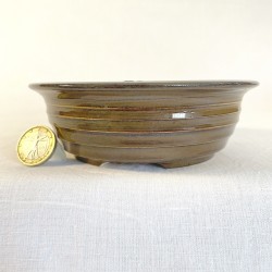 Unique round bonsai pot, handcrafted stoneware, round, brown ribbed, turned feet.