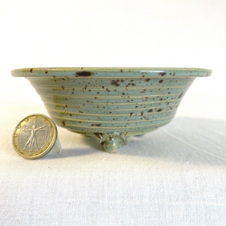 Unique round accent bonsai pot, handcrafted stoneware, round, aquamarine green dark spots, handmade feet.